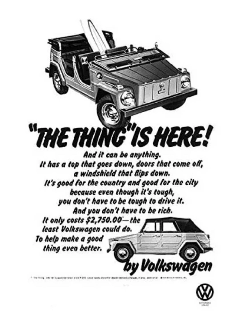 VW Thing vintage auto ad; The Thing is here